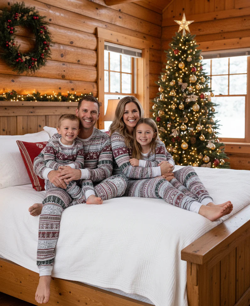 Smiling family of four sitting on a white bed inside a cozy log cabin wearing matching grey Fair Isle Christmas pajamas with burgundy reindeer patterns.