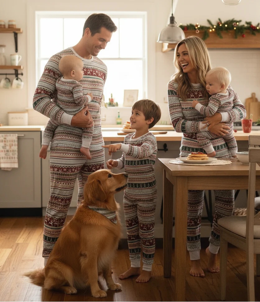 Family with two babies and Golden Retriever in kitchen having pancakes in matching grey Fair Isle PJs.