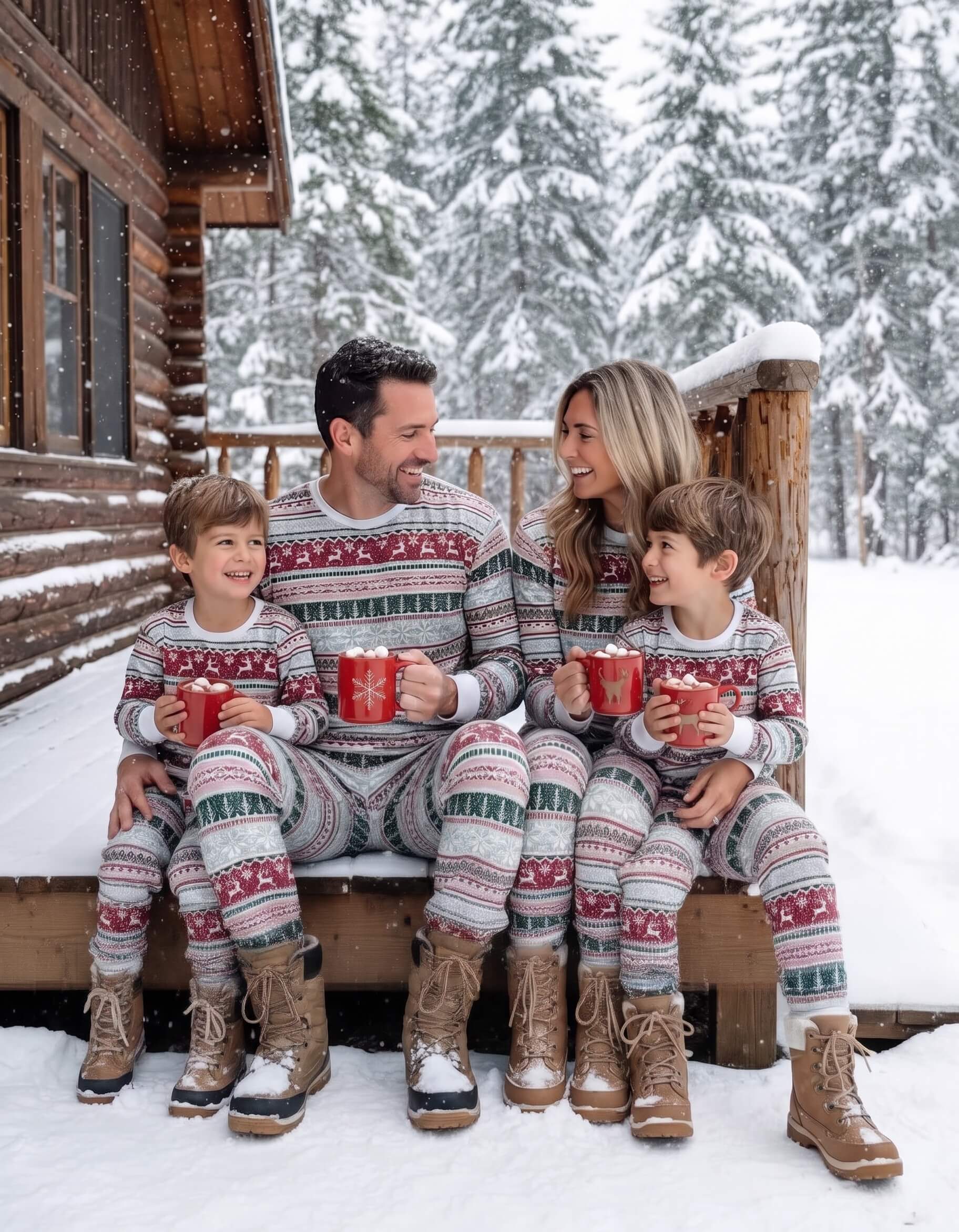 Family in matching grey Fair Isle pajamas with winter boots sitting on snow-covered cabin porch holding mugs.