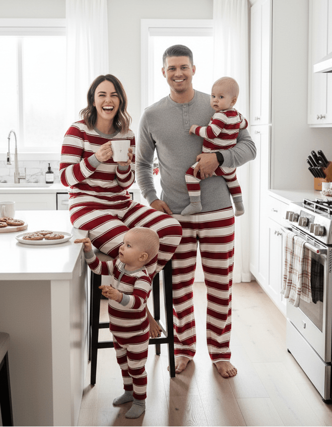 Mom and dad enjoying coffee and cookies with kids in a white kitchen wearing matching red and white striped Christmas pajamas.