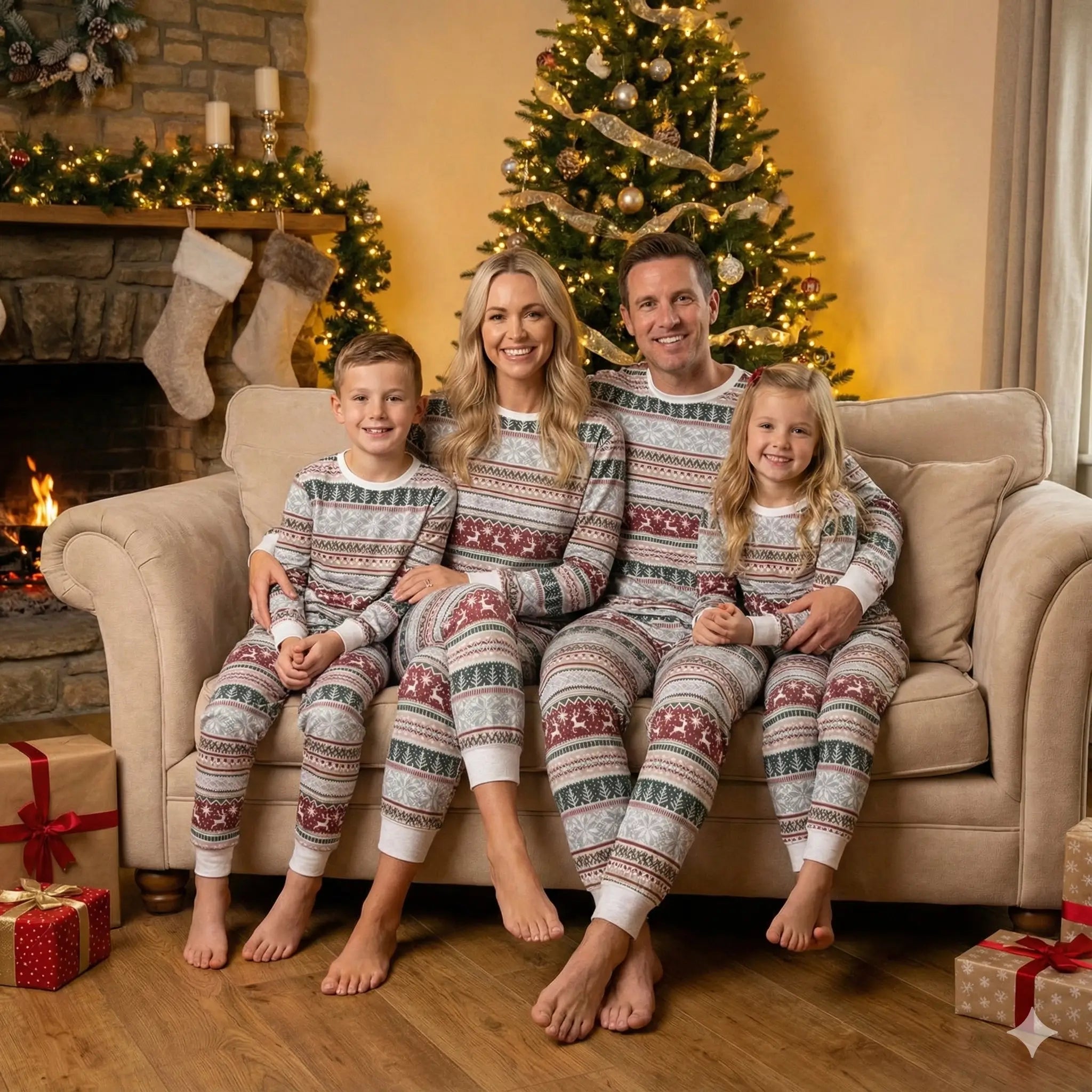 Smiling family of four sitting in a row on a sofa in front of a lit fireplace and decorated Christmas tree, dressed in matching grey Fair Isle pajamas.