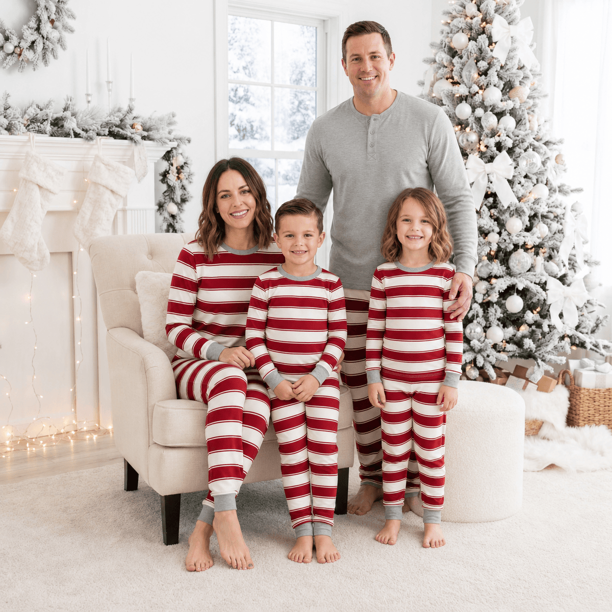 Family in red and white striped pajamas around an armchair by a snowy Christmas tree, dad in grey.