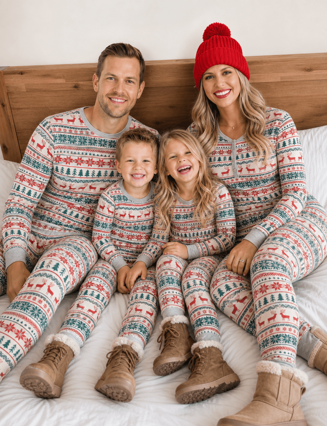Family sitting on a bed in grey Christmas pajamas with red and green Fair Isle motifs and brown winter boots.