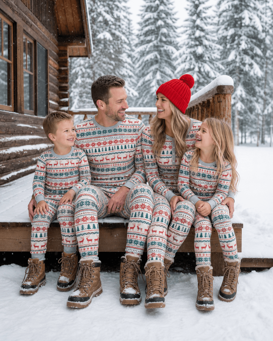 Family in grey Fair Isle Christmas pajamas with red and green motifs sitting on snowy cabin steps.