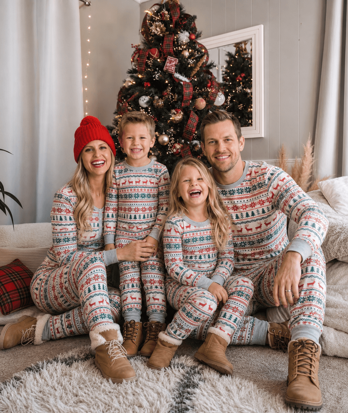 Family sitting by a Christmas tree in matching grey pajamas patterned with red reindeer and green snowflakes.