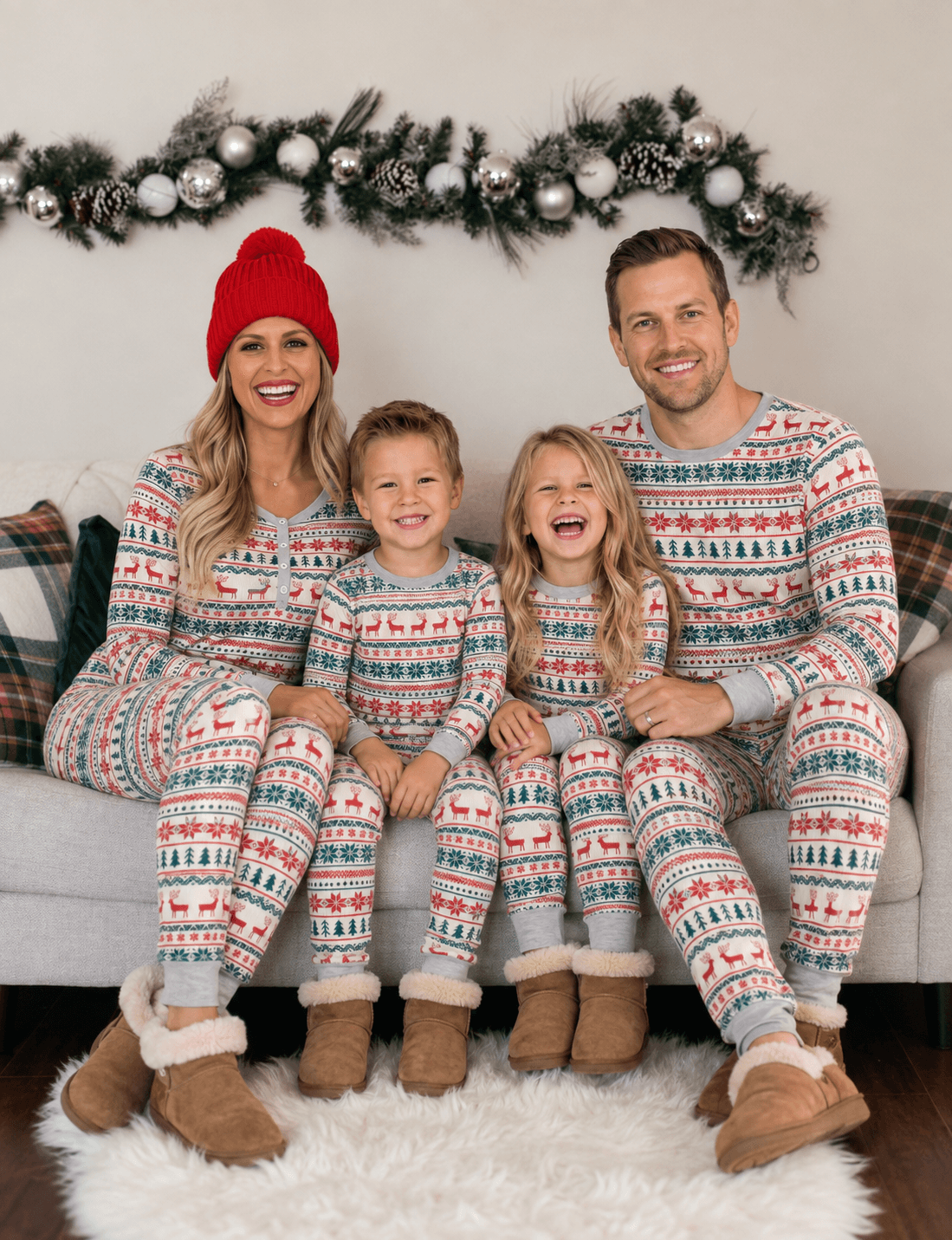 Family on a sofa beneath a holiday garland wearing grey Fair Isle Christmas pajamas and winter boots.