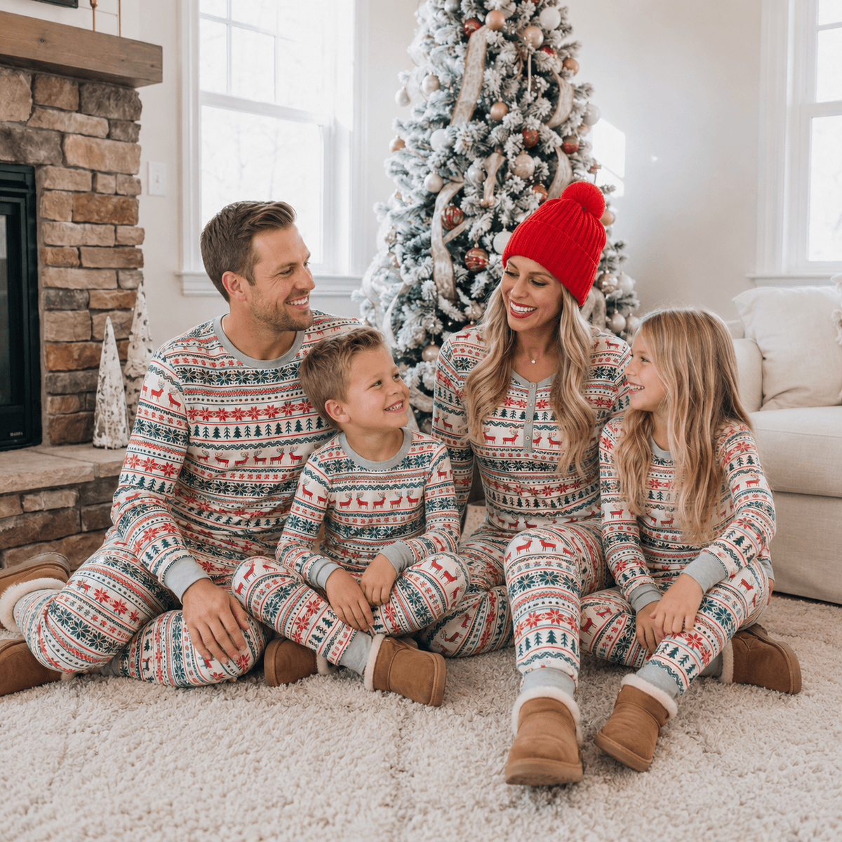 Family sitting on a rug beside a stone fireplace in matching grey Christmas pajamas with red and green motifs.