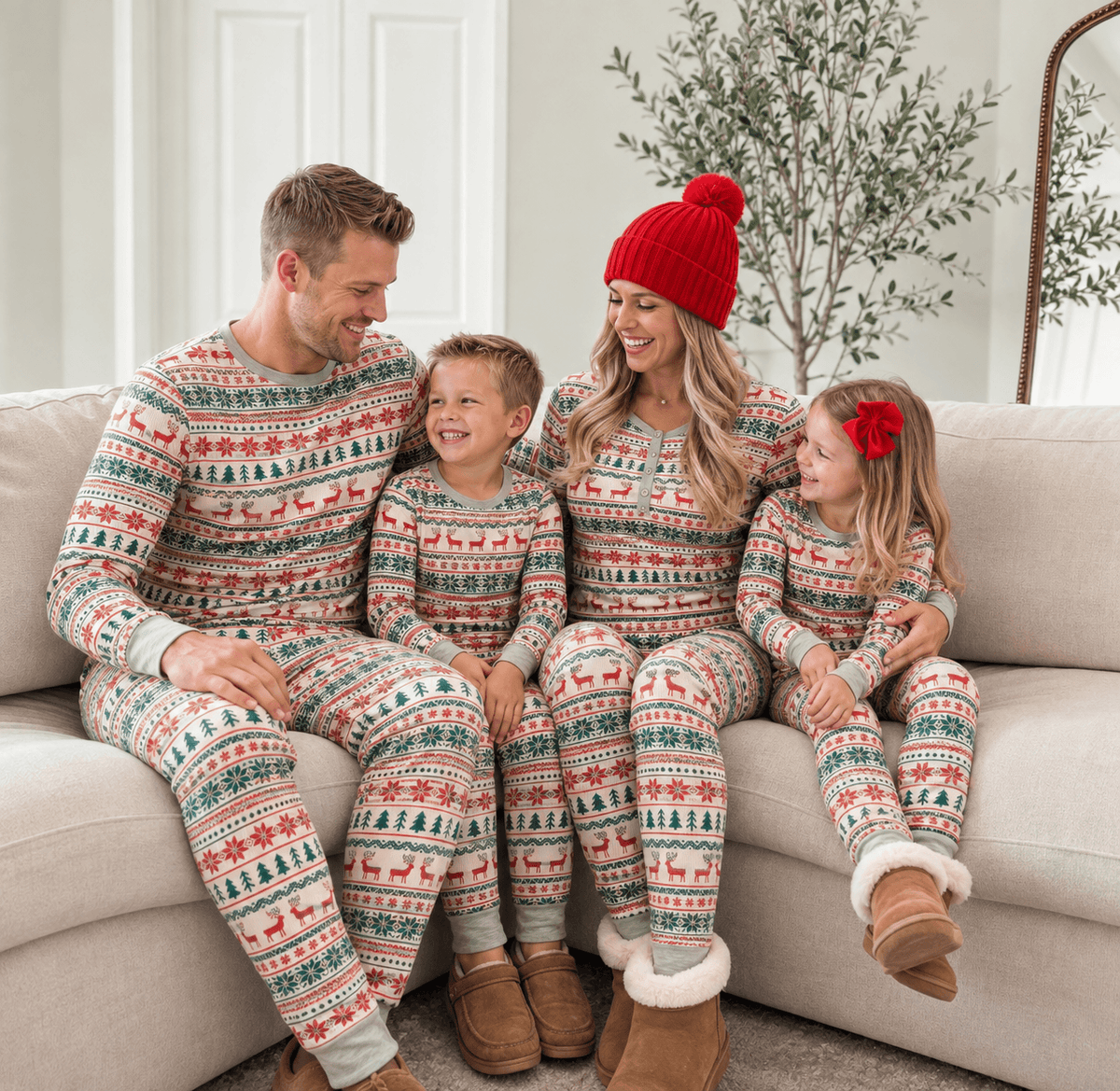 Parents and two children smiling together on a cream sofa in grey, red and green Fair Isle Christmas pajamas.