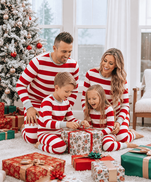 Family opening presents beside a Christmas tree in matching red and white wide-striped pajamas with grey cuffs.