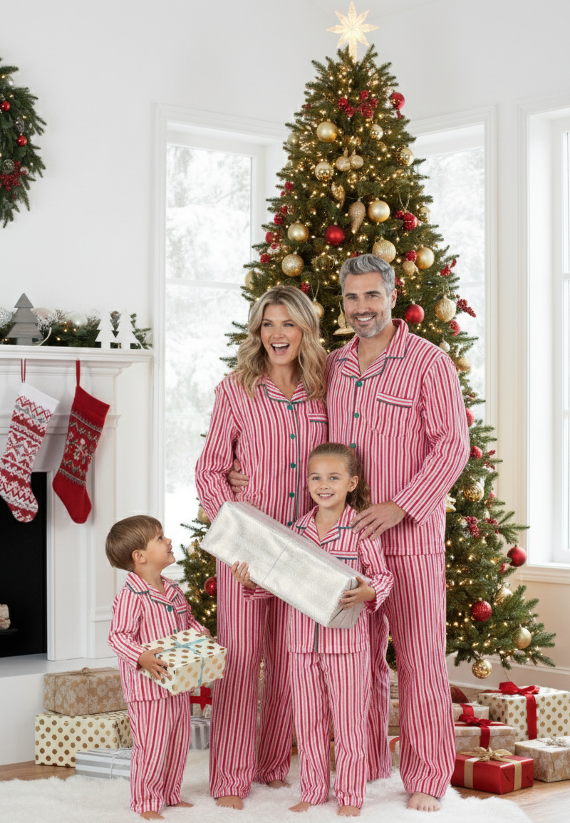 Parents and two children holding wrapped Christmas gifts by a decorated fireplace in matching red and white candy cane striped pajamas.