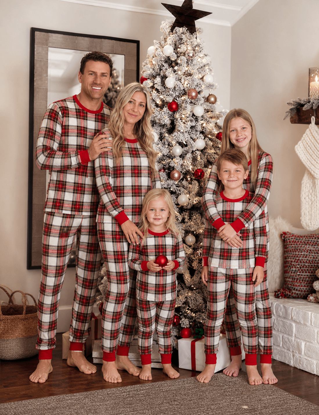 Parents and three children in matching red and white plaid Christmas pajamas beside a snowy tree.