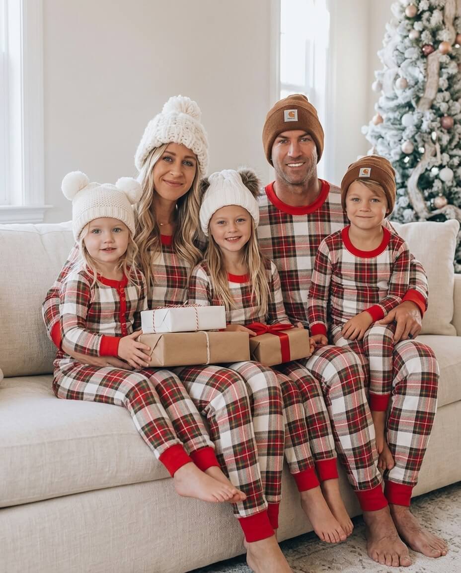 Family holding wrapped presents on a sofa in red and white plaid Christmas pajamas and cream and brown knit hats.