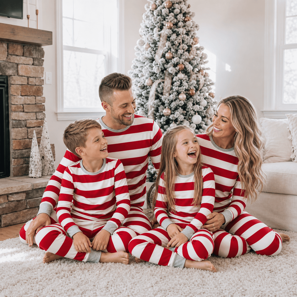 Family sitting on a rug by a stone fireplace in red and white wide-striped Christmas pajamas with grey trim.