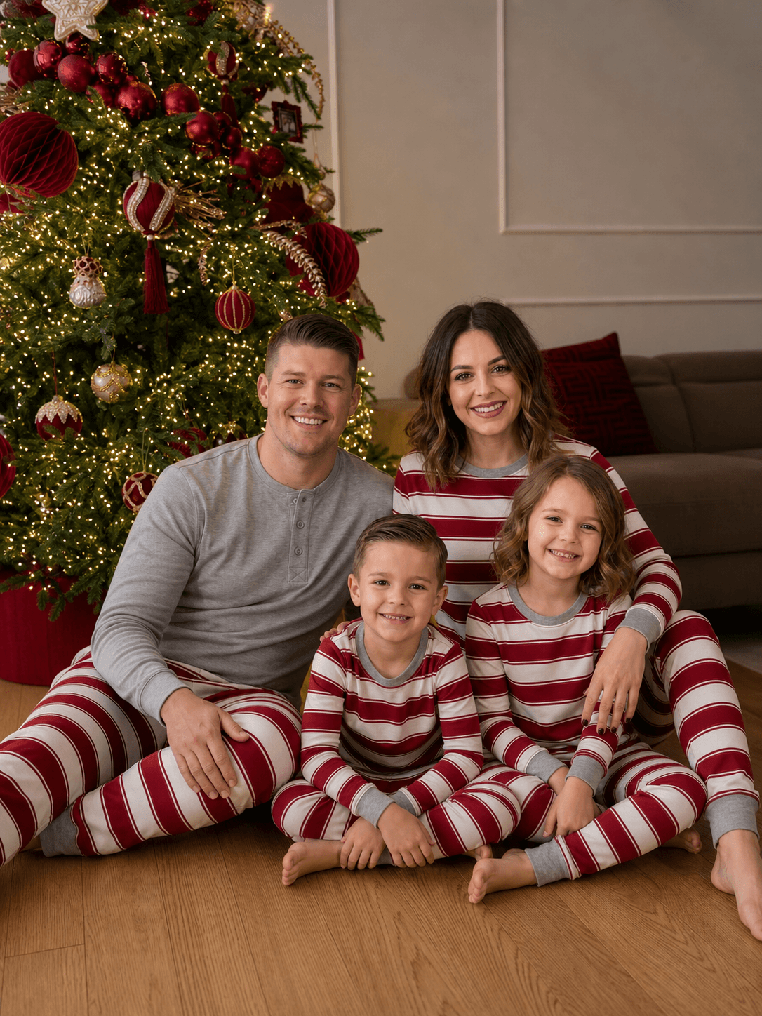 Family sitting on a wooden floor by a Christmas tree in red and white striped pajamas, dad in a grey top.