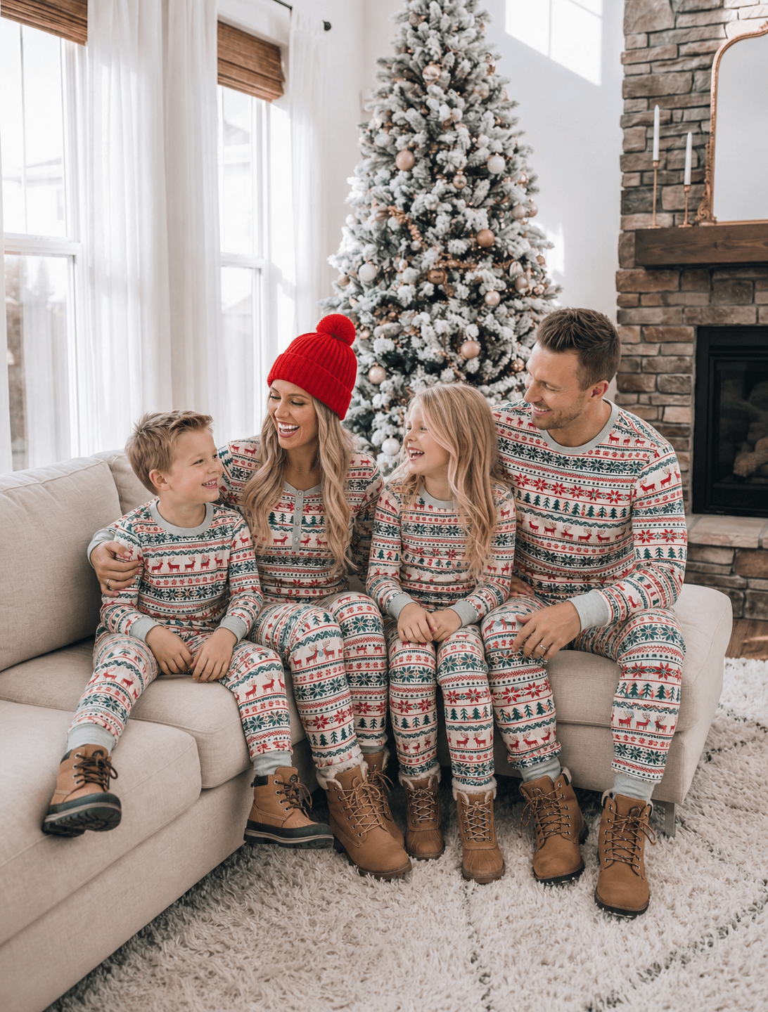 Family in grey Fair Isle Christmas pajamas gathered on a sofa beside a snowy tree and stone fireplace.