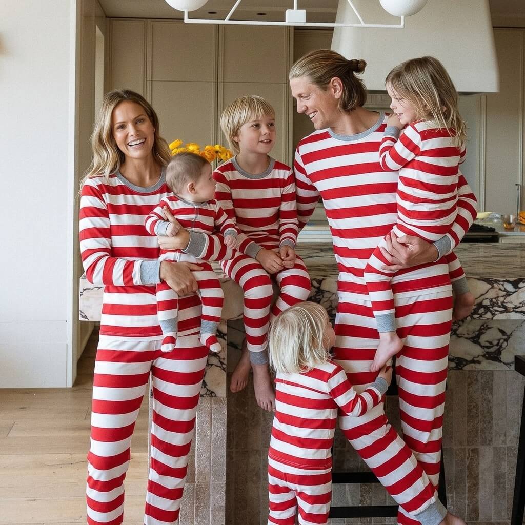 Parents and four children gathered in a kitchen in matching red and white striped Christmas pajamas with grey trim.