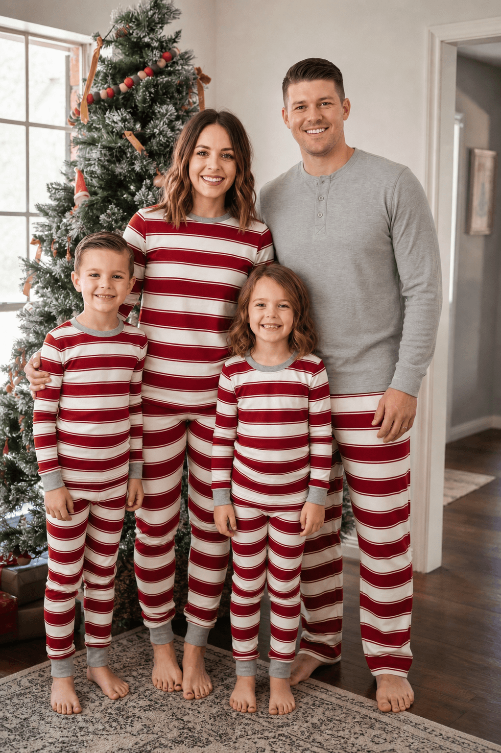 Family standing beside a Christmas tree in red and white striped pajamas, with dad in a grey Henley.