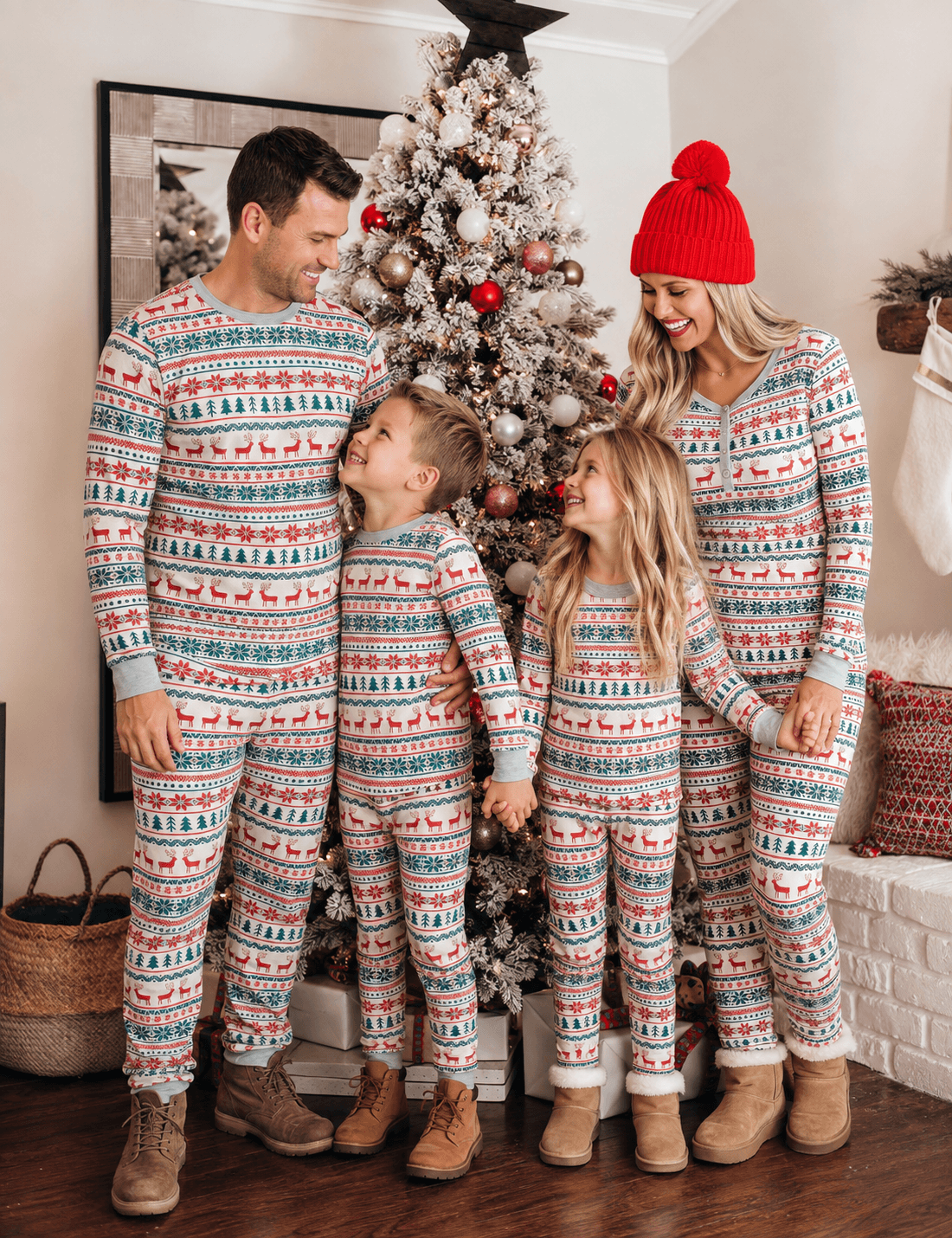Parents looking at their children beside a Christmas tree in grey pajamas with red and green Fair Isle motifs.