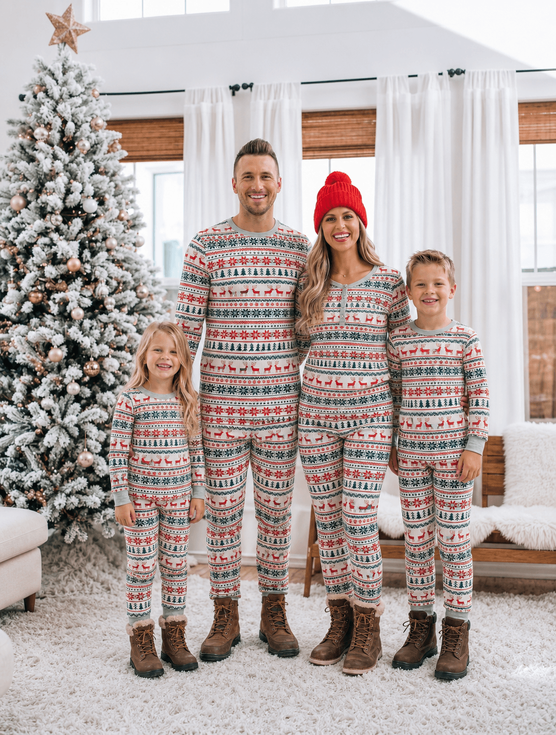 Family standing beside a snowy Christmas tree in matching grey Fair Isle pajamas and brown winter boots.