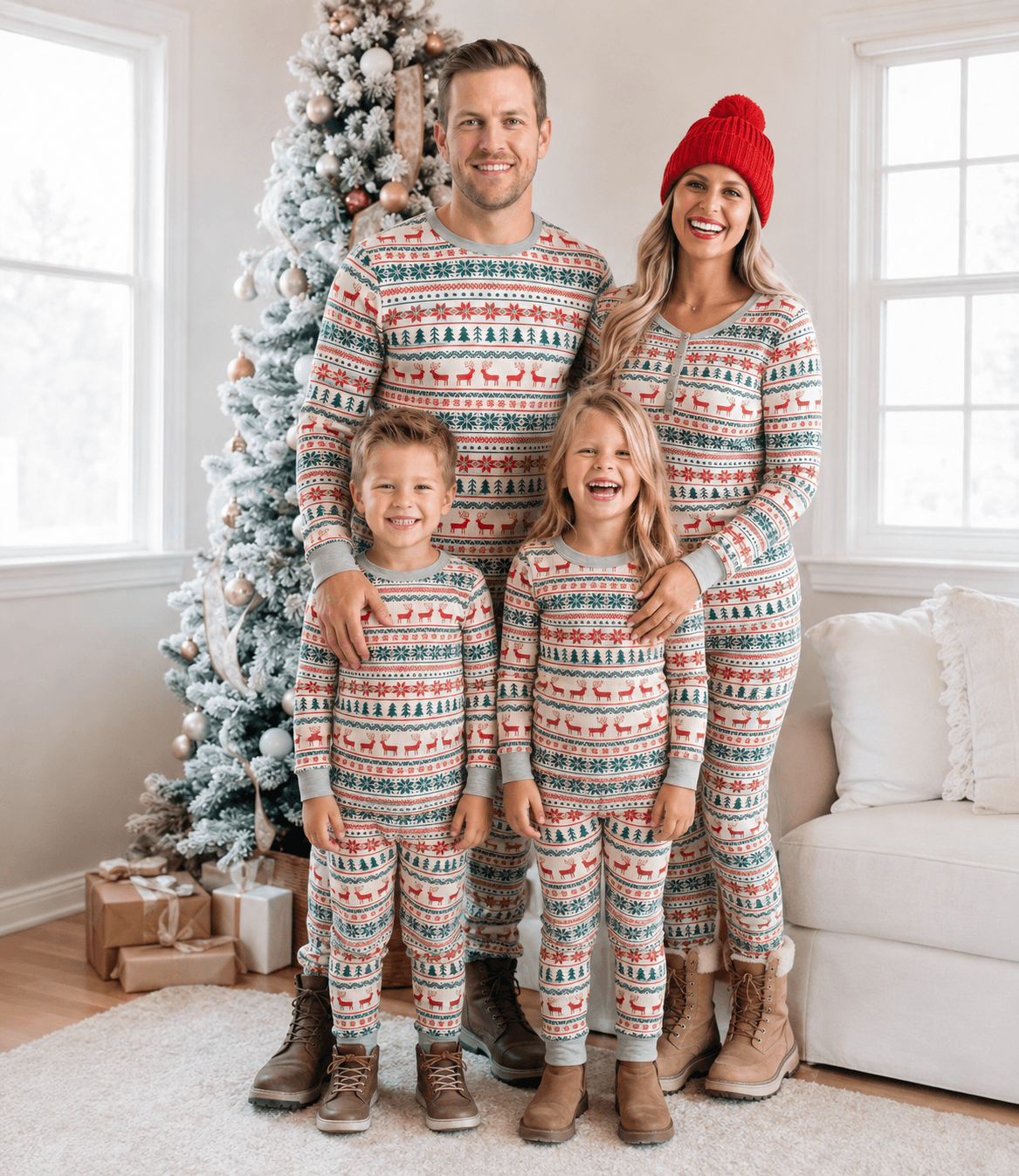 Family posing by a snowy Christmas tree in grey Fair Isle pajamas with red reindeer and green snowflakes.