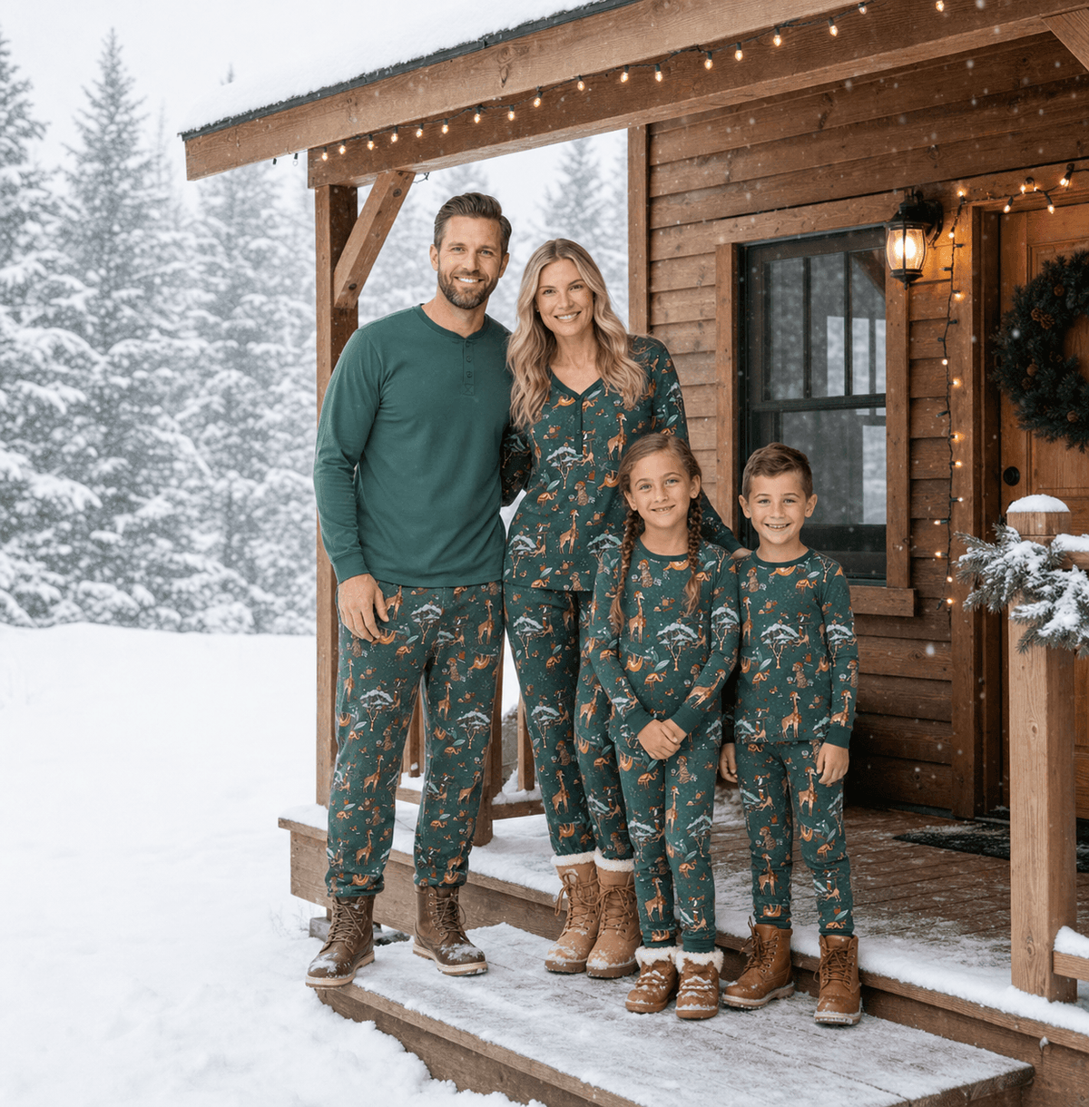 Family standing on a snowy cabin porch in forest green animal-print Christmas pajamas and brown boots.