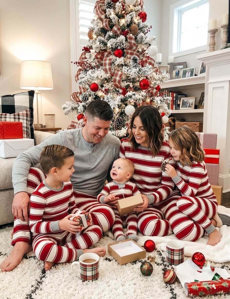 Family opening presents by a Christmas tree in red and white striped pajamas, with dad in a grey Henley.