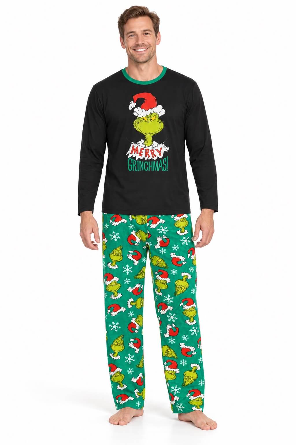 Passende Grinch-Weihnachtspyjamas für die Familie in Schwarz und Grün