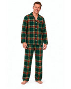 Men's light green tartan button-front pajama shirt and long pants on a white background.