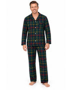 Men's dark green tartan button-front pajama shirt and long pants, front view on a white background.