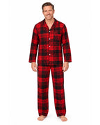 Men's red and black plaid button-front pajama shirt and long pants, front view on a white background.