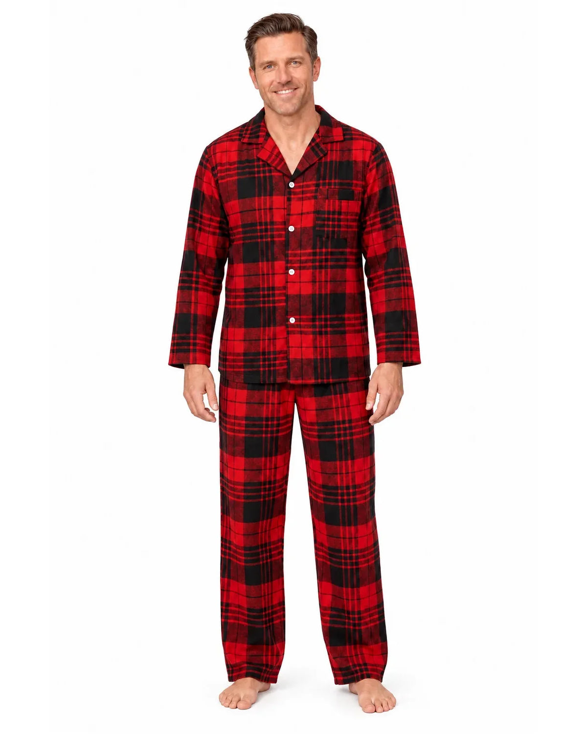 Men's red and black plaid button-front pajama shirt and long pants, front view on a white background.