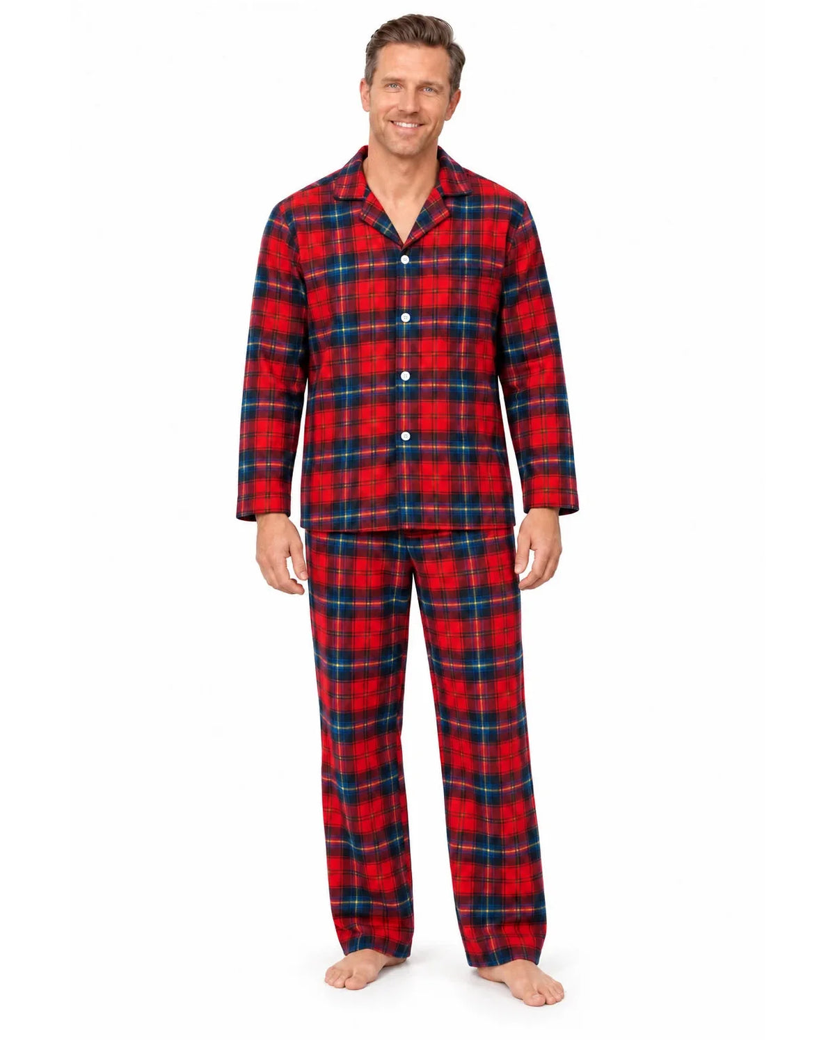 Men's red and blue plaid button-front pajama shirt and long pants, front view on a white background.