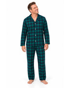 Men's green and black plaid button-front pajama shirt and long pants on a white background.