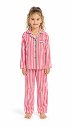Girl wearing red and white vertical-striped button-up pajamas with green piping and buttons.