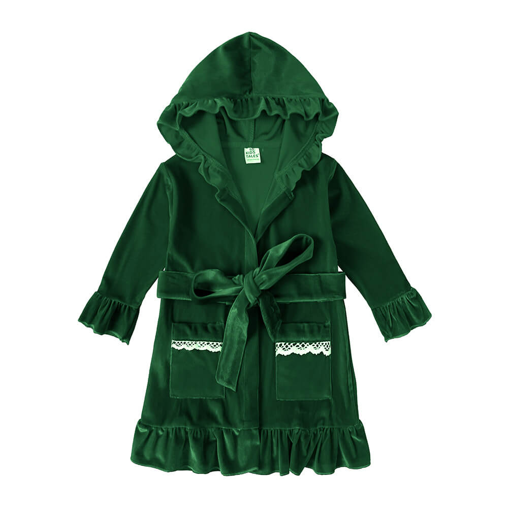 Girls' green velvet hooded robe with ruffle trim and tie belt