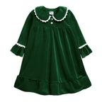 Girls' green velvet long-sleeve nightgown with ruffle details