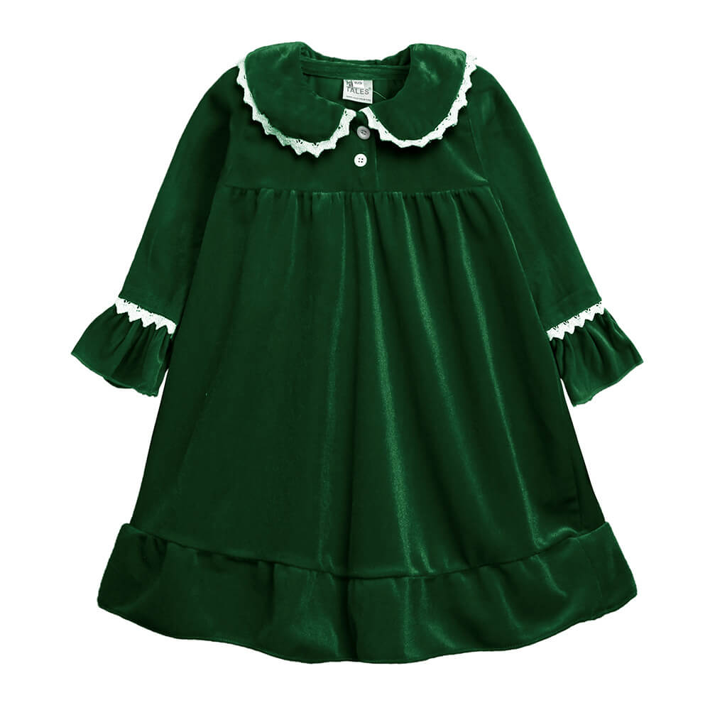 Girls' green velvet long-sleeve nightgown with ruffle details