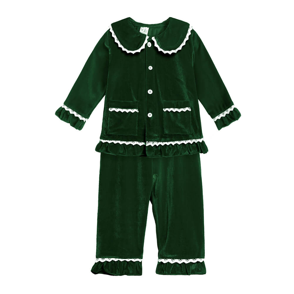 Girls' green velvet two-piece pajama set with ruffle trim