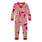Red-and-white striped baby romper with green Grinch faces, red neckline and cuffs