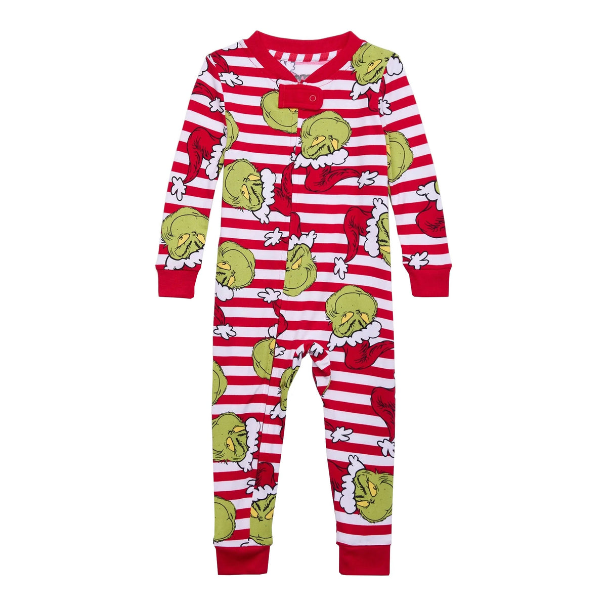 Red-and-white striped baby romper with green Grinch faces, red neckline and cuffs