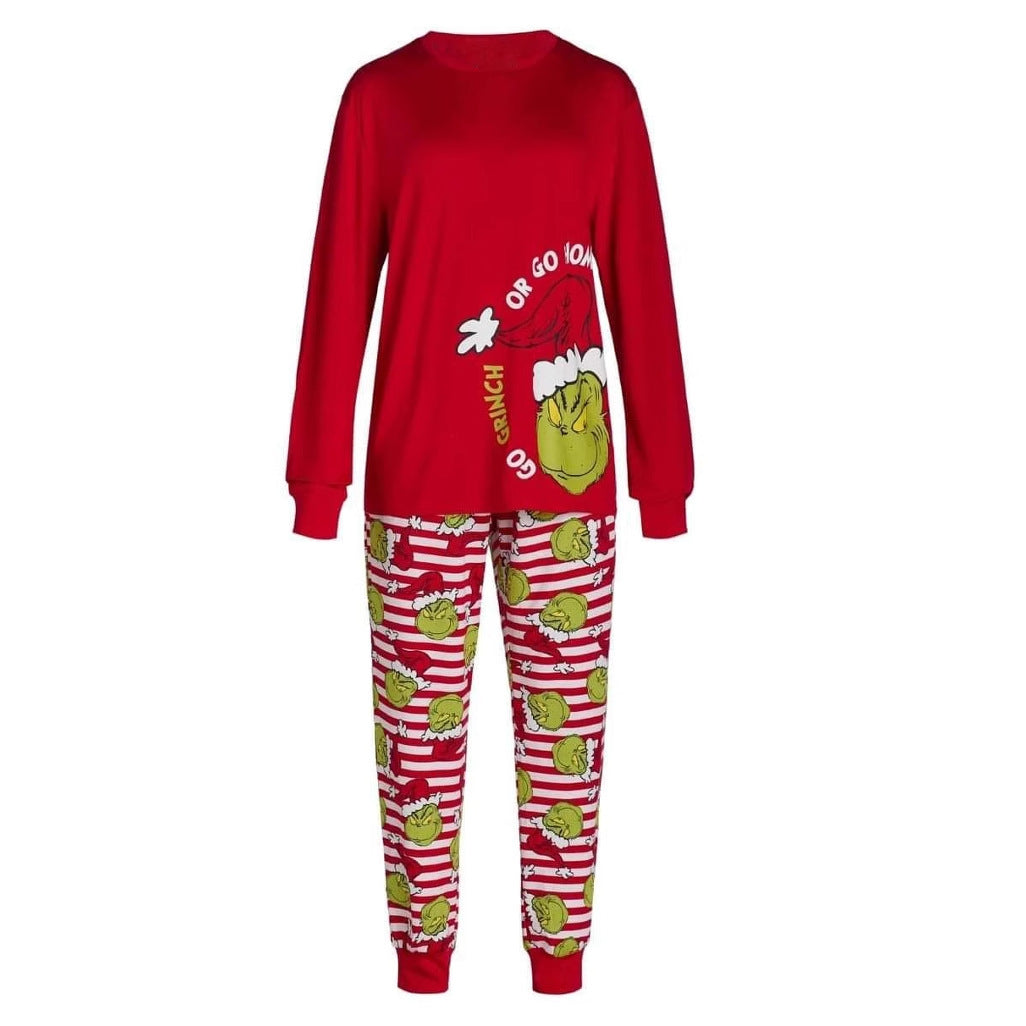 Long-sleeve red Grinch graphic top with striped Christmas pajama pants and red cuffs