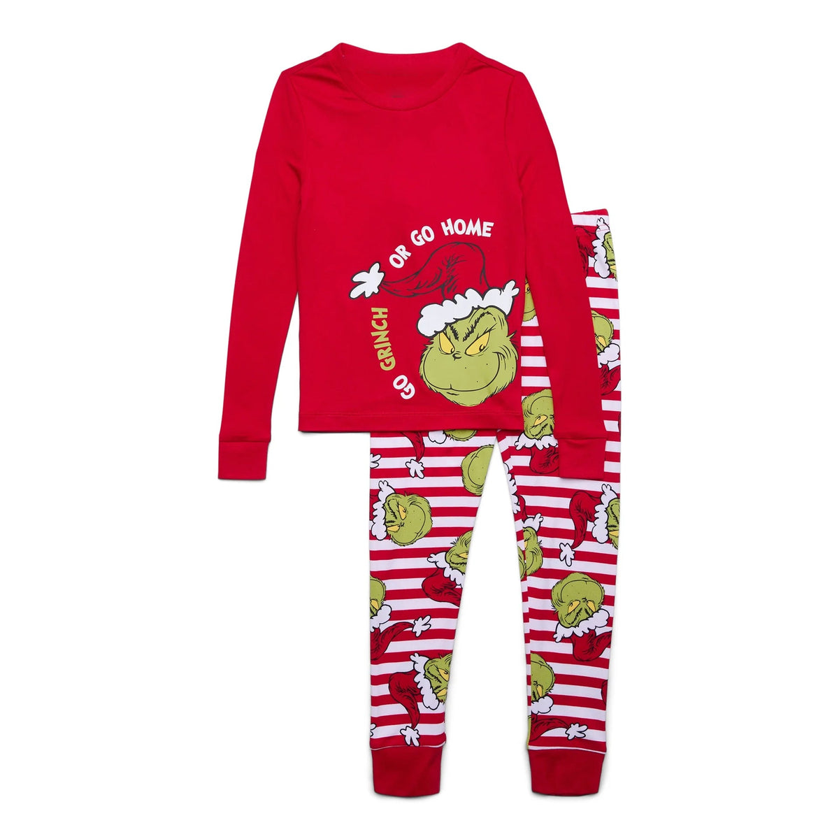 Front view of red Grinch Christmas pajamas with a graphic top and matching striped pants