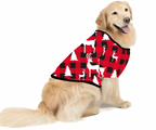 Golden Retriever modeling a matching pet Christmas shirt with red and black buffalo check pattern, white reindeer, and pine trees against a white background.