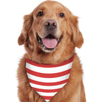 Happy Golden Retriever smiling and wearing a matching red and white striped Christmas pet bandana.