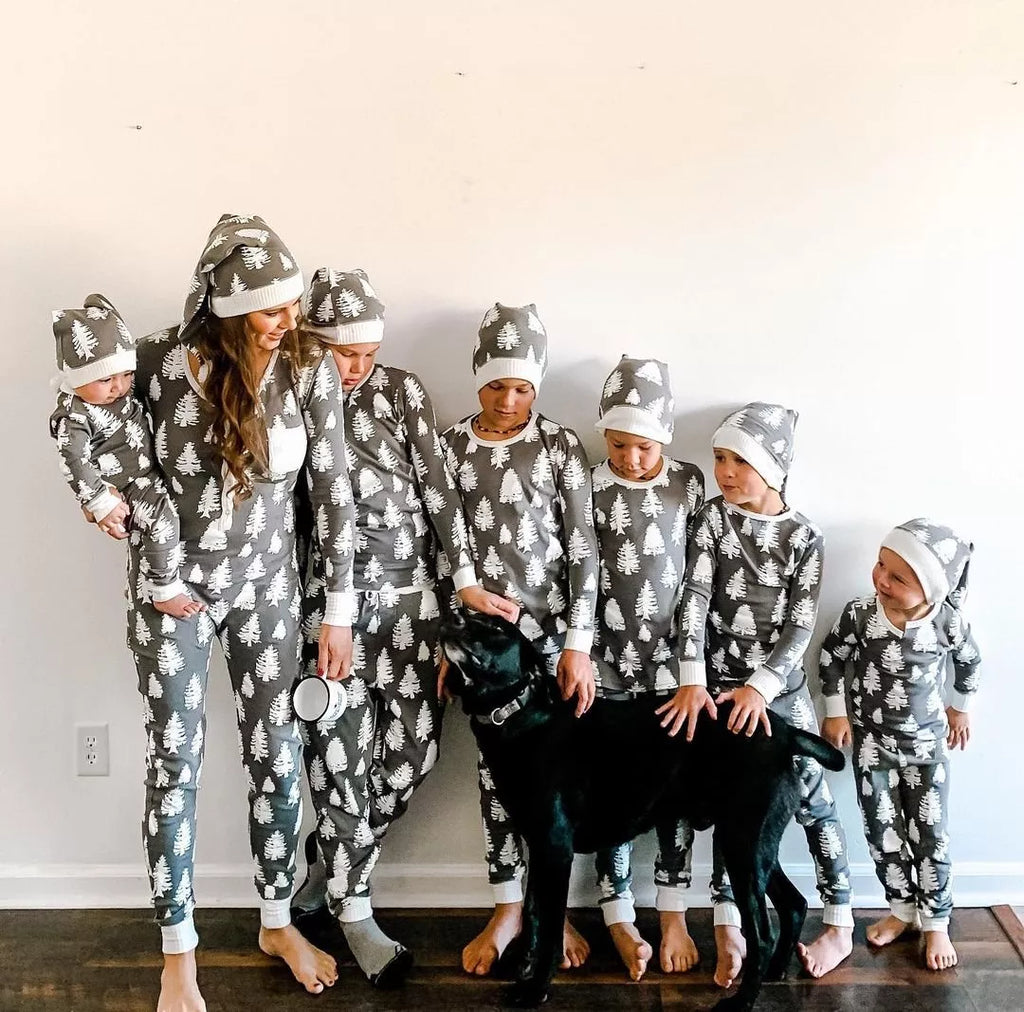 Gray White Christmas Tree Pajamas Lifestyle – Adults and Kids Matching Holiday Sleepwear