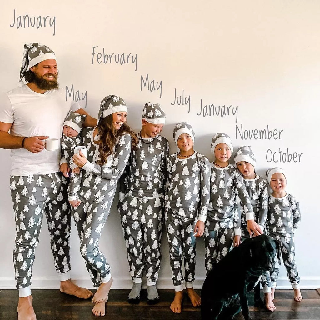 Gray White Christmas Tree Kids Pajamas – Soft Matching Holiday Sleepwear for Boys and Girls