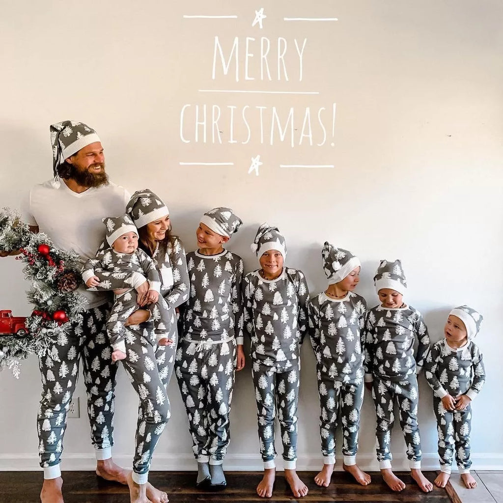 Gray White Christmas Tree Pajamas Size Chart – Adults Kids Baby and Dog Sizes Available