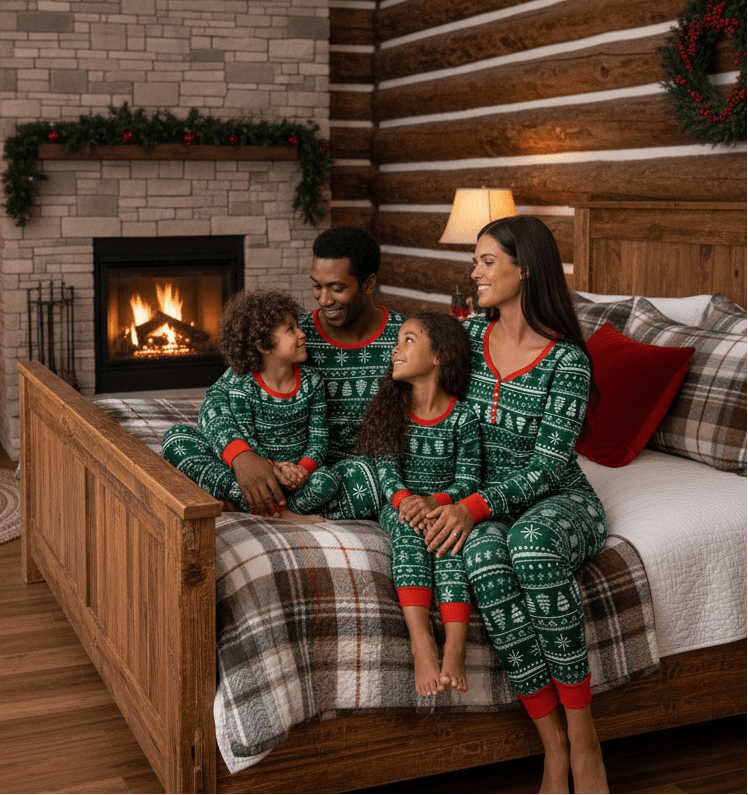 Family of four sitting on a wooden bed in a cozy log cabin by a stone fireplace, wearing matching green Christmas tree and snowflake print pajamas with red contrast trim.