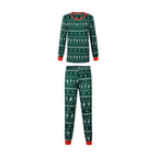 Two-piece green Fair Isle Christmas pajama set with red cuffs, long sleeves, and matching pants laid flat against a white background.