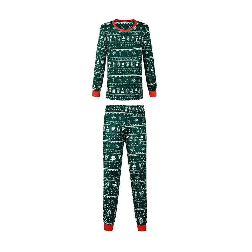 Two-piece green Fair Isle Christmas pajama set with red cuffs, long sleeves, and matching pants laid flat against a white background.